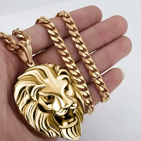 Gold lion pendant necklace.