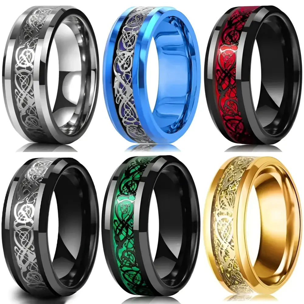 Assorted Celtic dragon inlay rings.