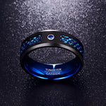 Black tungsten carbide ring with blue accents.