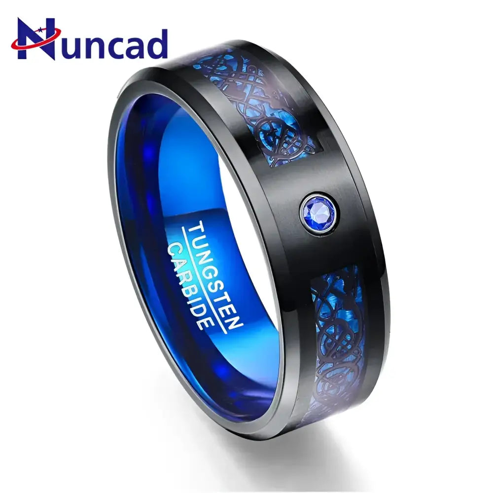 Black tungsten carbide ring with blue interior and dragon inlay.