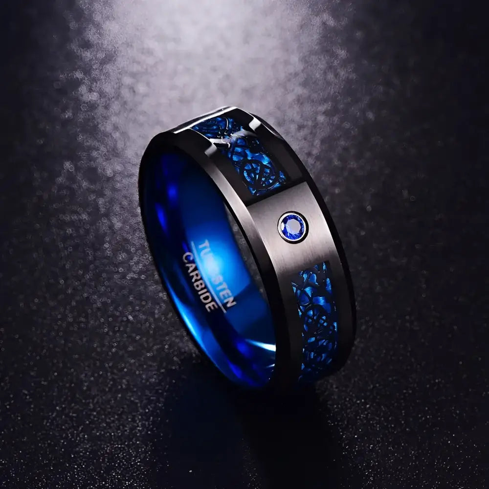 Blue and black tungsten carbide ring.