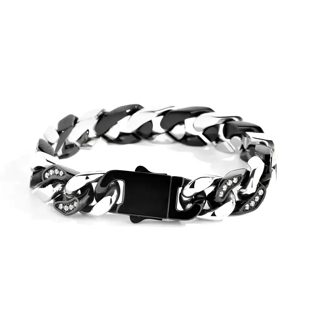 Silver and black chain bracelet with crystal accents.