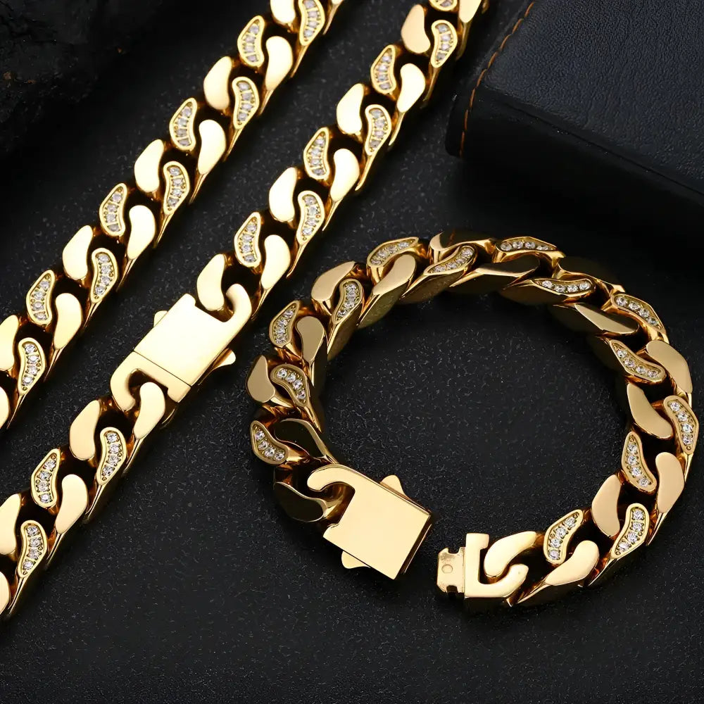Gold-toned, diamond-studded chain and bracelet set.