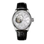 Silver wristwatch with black leather band from Reef Tiger watches jewelry collection