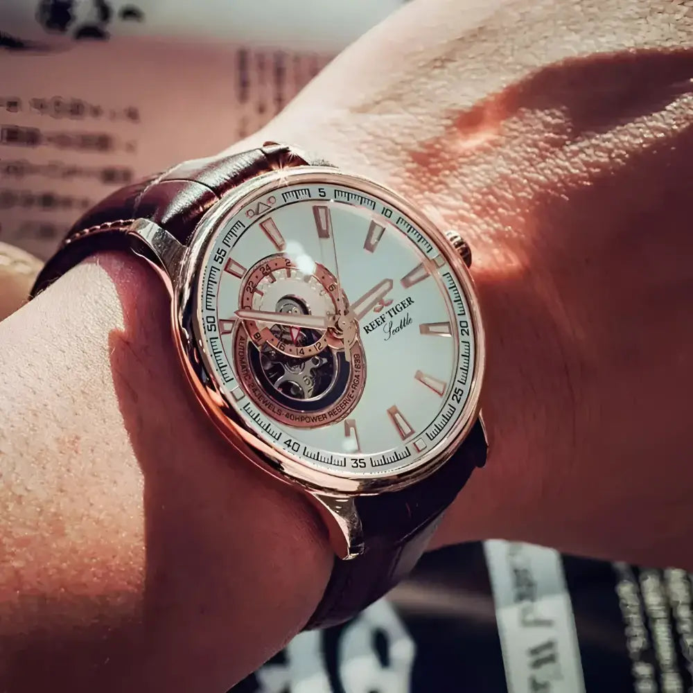 Reef Tiger rose gold watch with brown leather band, stylish fashion accessories