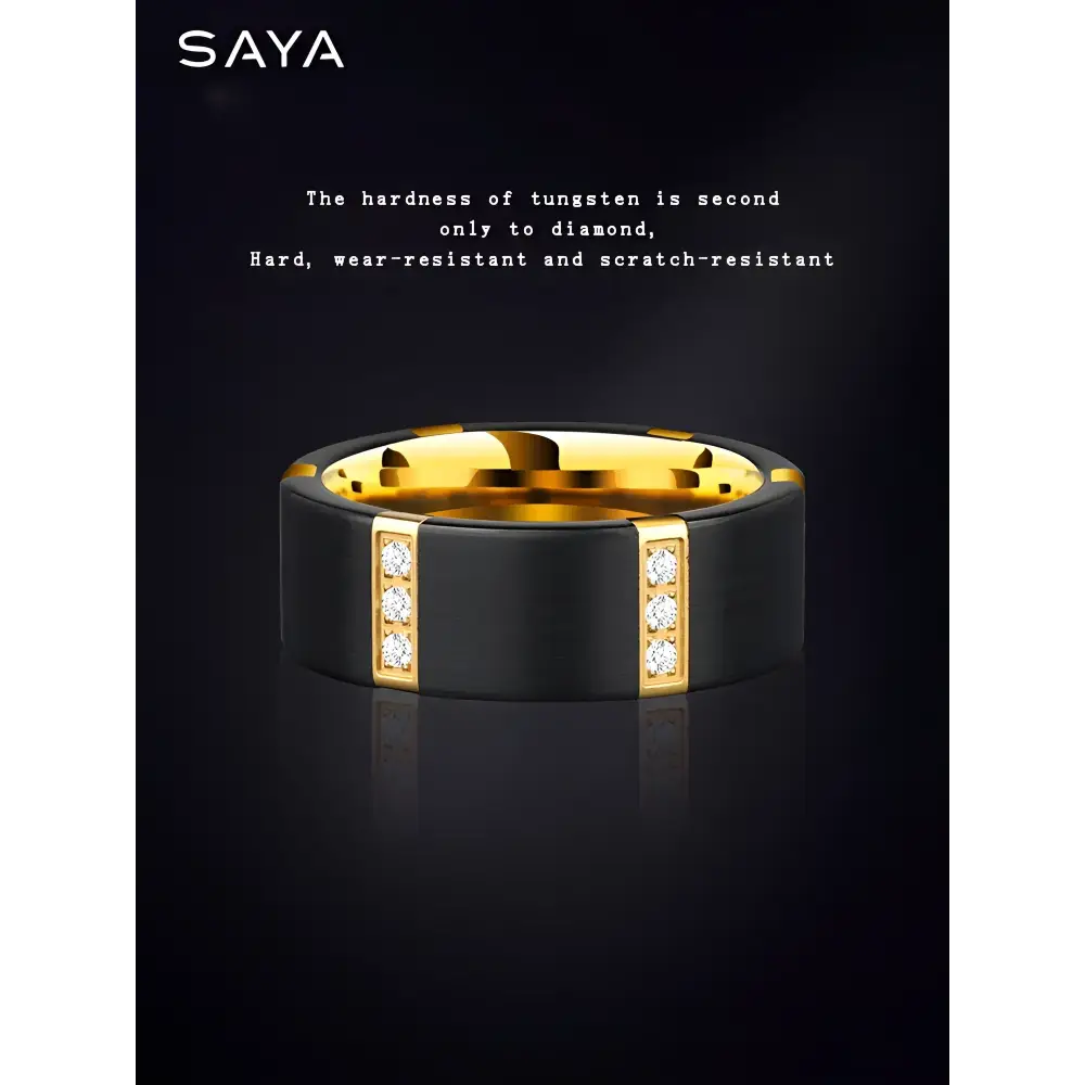 Black and gold tungsten ring with diamonds.