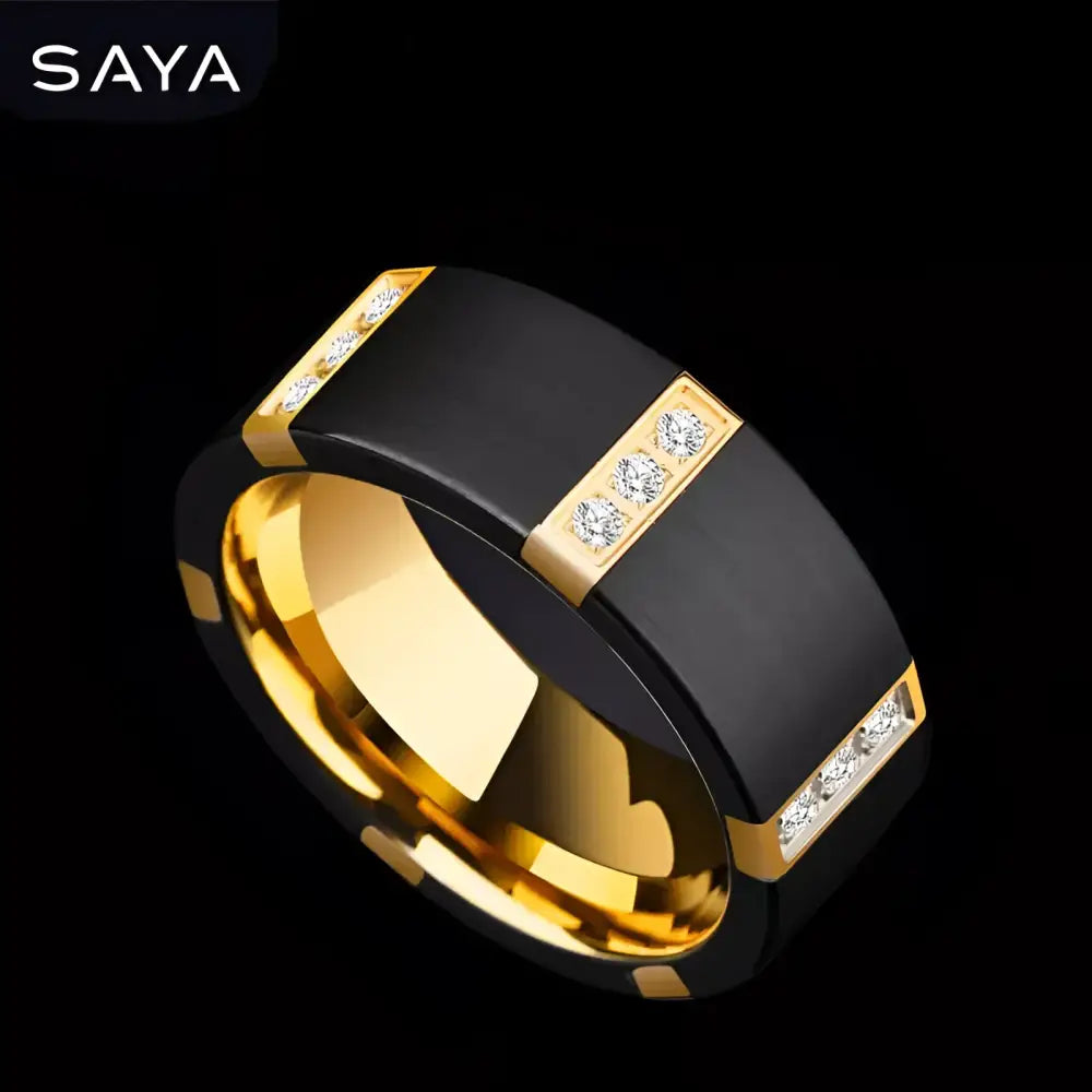 Black and gold ring with diamonds.
