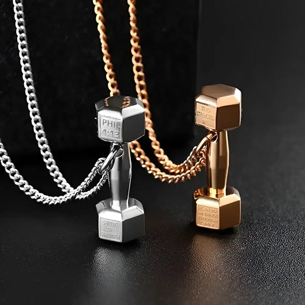 Dumbbell pendant necklaces.
