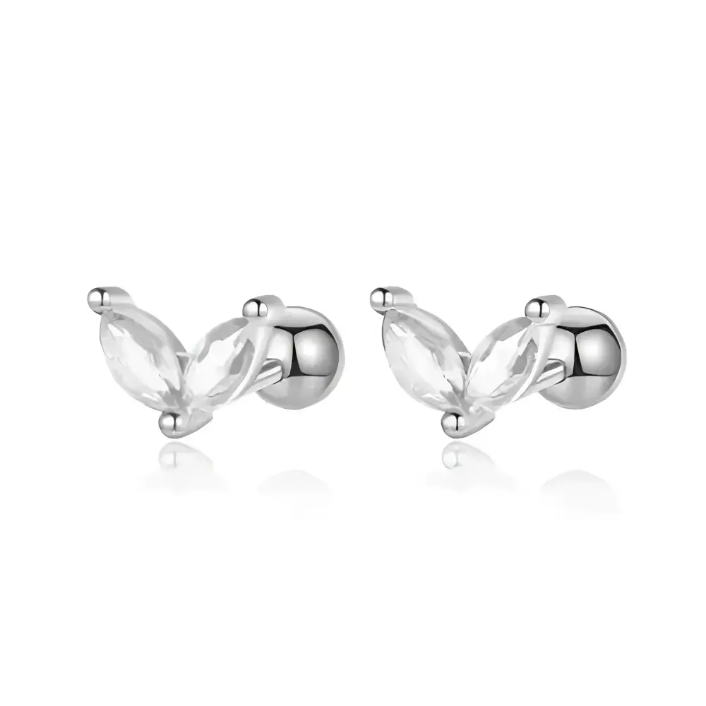 Two silver leaf-shaped stud earrings.