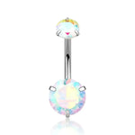 Belly button ring with iridescent gems.