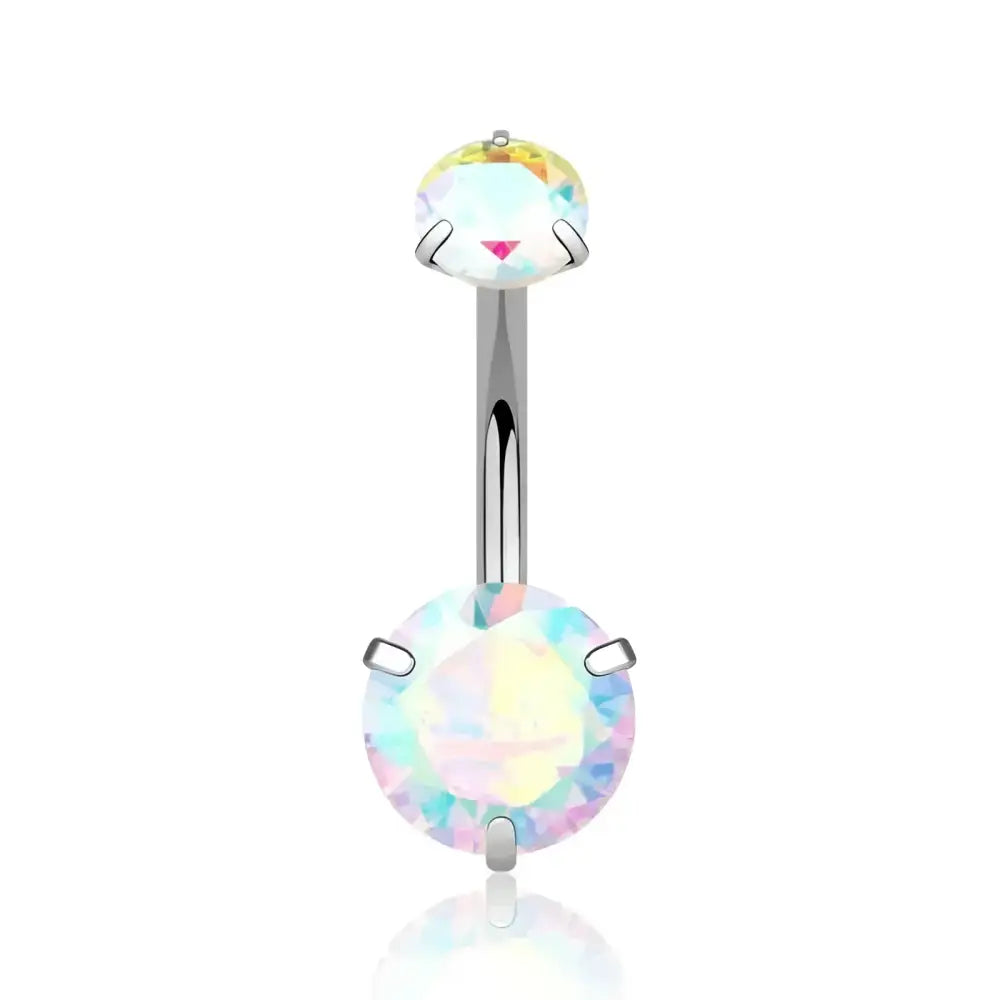 Belly button ring with iridescent gems.