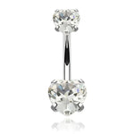 Silver belly button ring with heart-shaped gems.