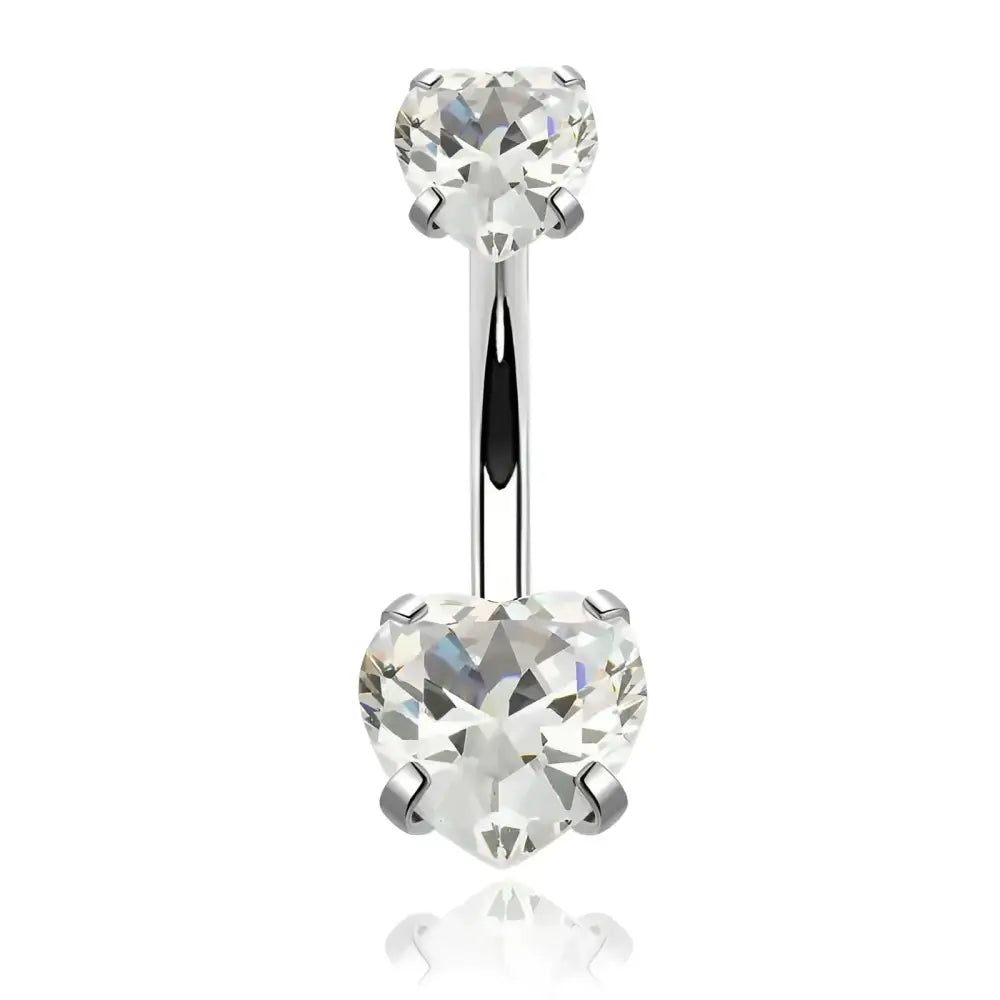 Silver belly button ring with heart-shaped gems.