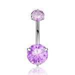 Silver belly button ring with purple gems.