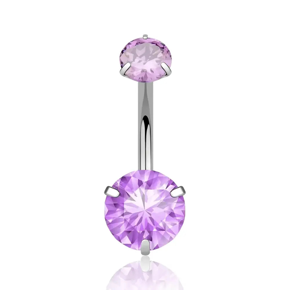 Silver belly button ring with purple gems.