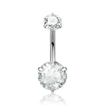 Silver belly button ring with two clear gems.