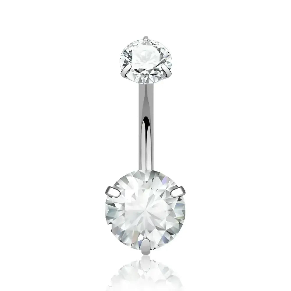 Silver belly button ring with two clear gems.