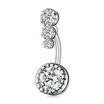 Silver belly button ring with three round diamonds.