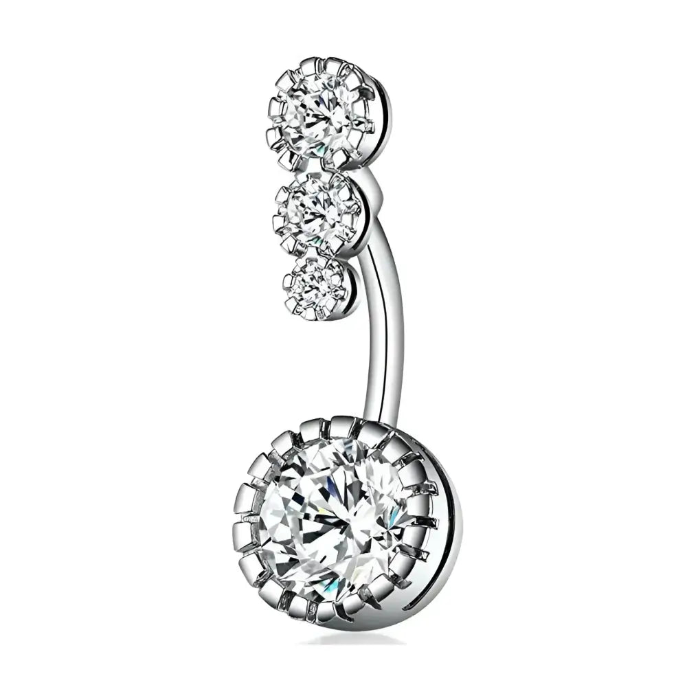 Silver belly button ring with three round diamonds.