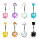 Colorful jeweled belly button rings.