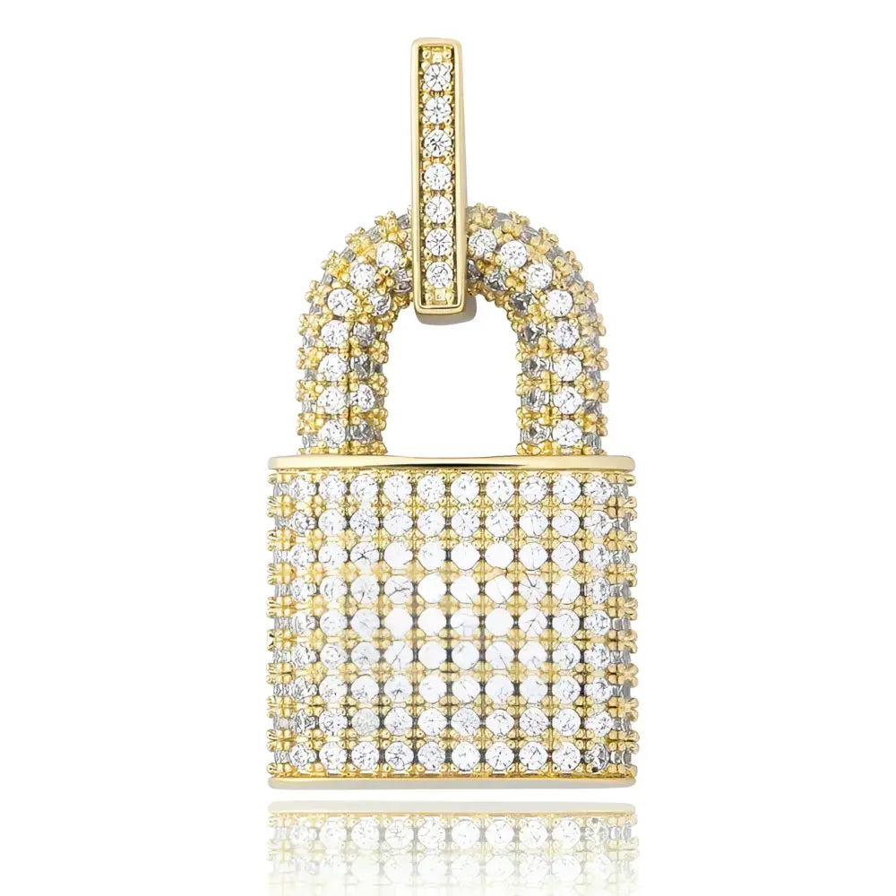 Gold-tone padlock pendant with embedded gemstones.