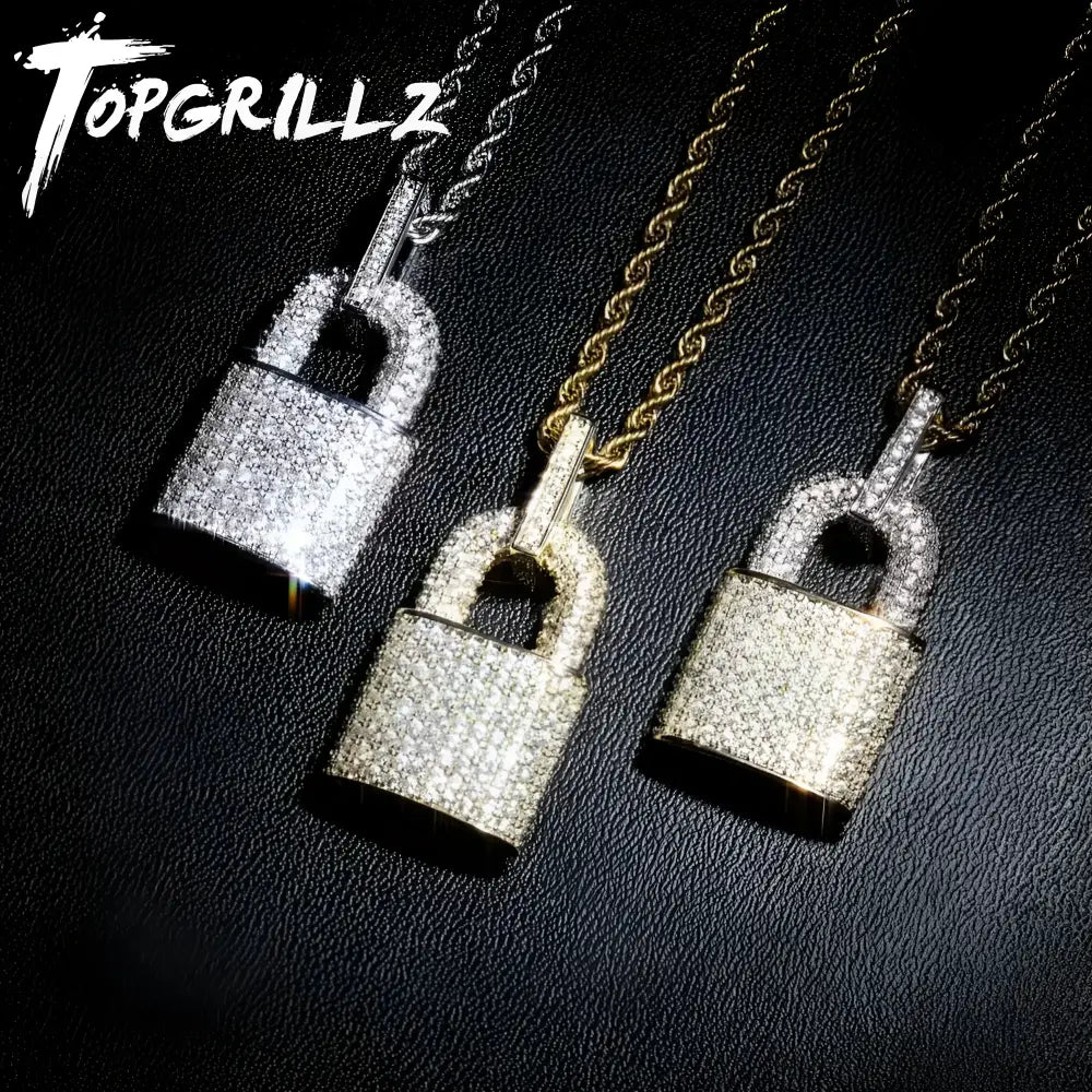 Three diamond-encrusted padlock necklaces.