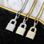 Three jeweled padlock necklaces.