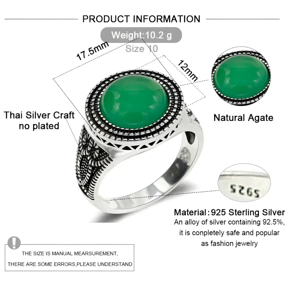 Silver ring with green agate stone.