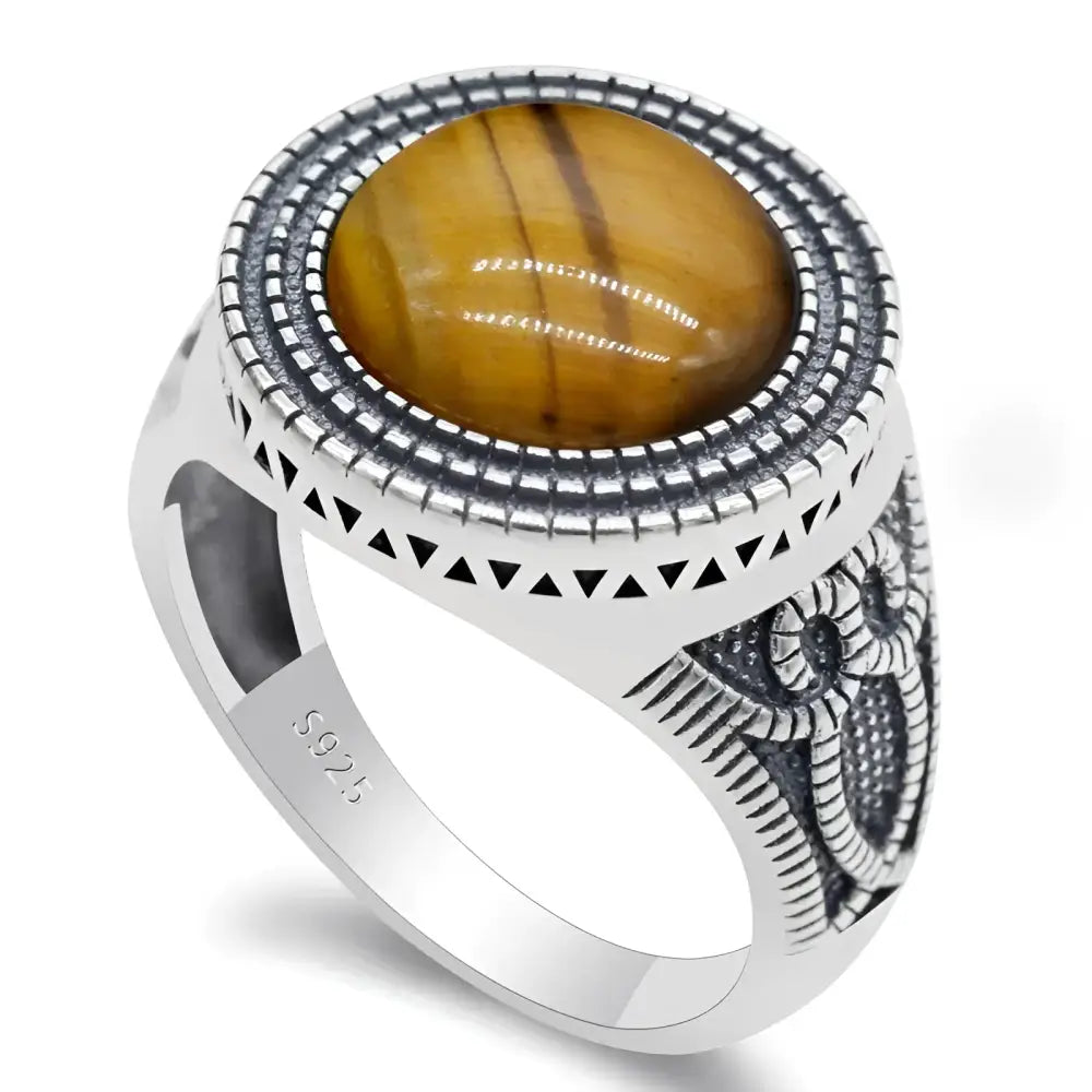Silver ring with tiger’s eye stone.