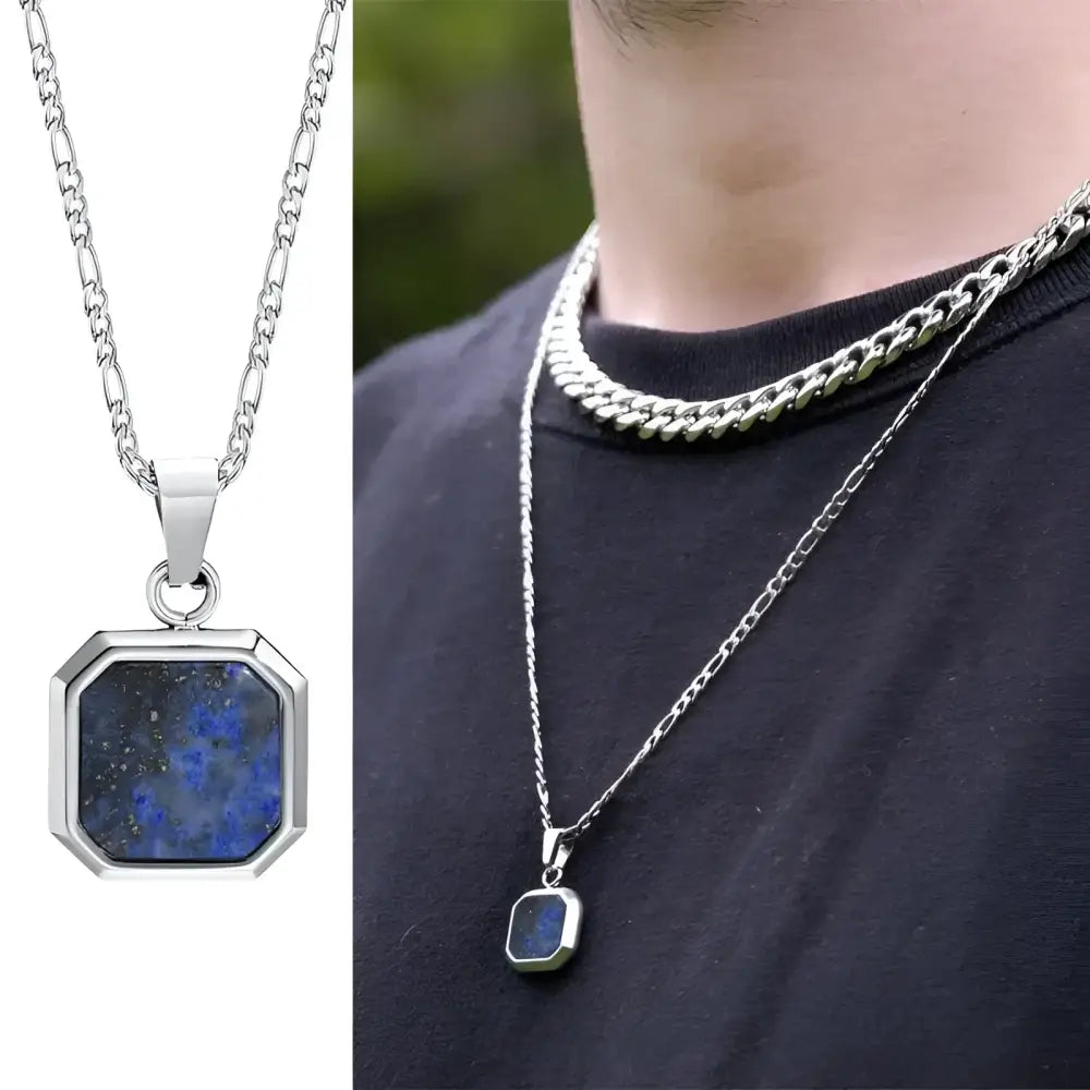 Silver necklace with square blue stone pendant.
