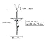 Silver crucifix pendant with chain and dimensions.