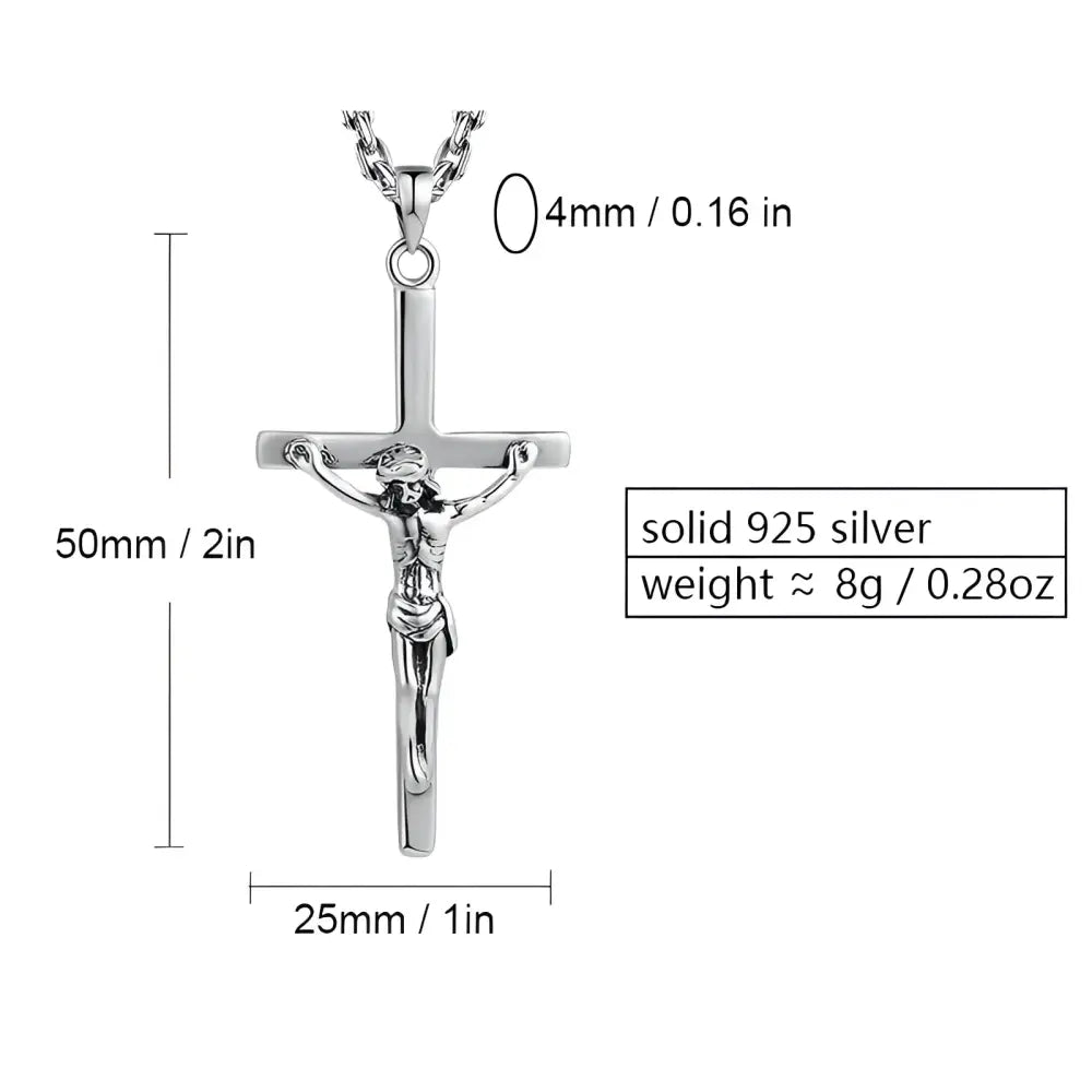 Silver crucifix pendant with chain and dimensions.